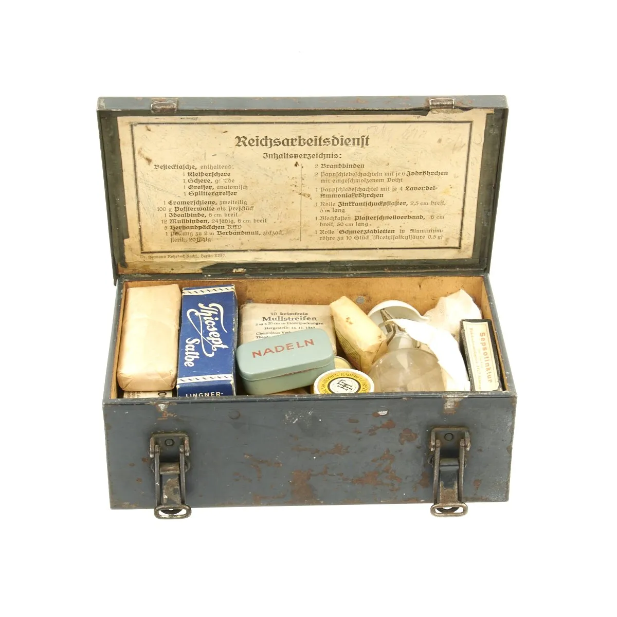 Original German WWII RAD Verbandkasten Medic First Aid Set in Steel Chest