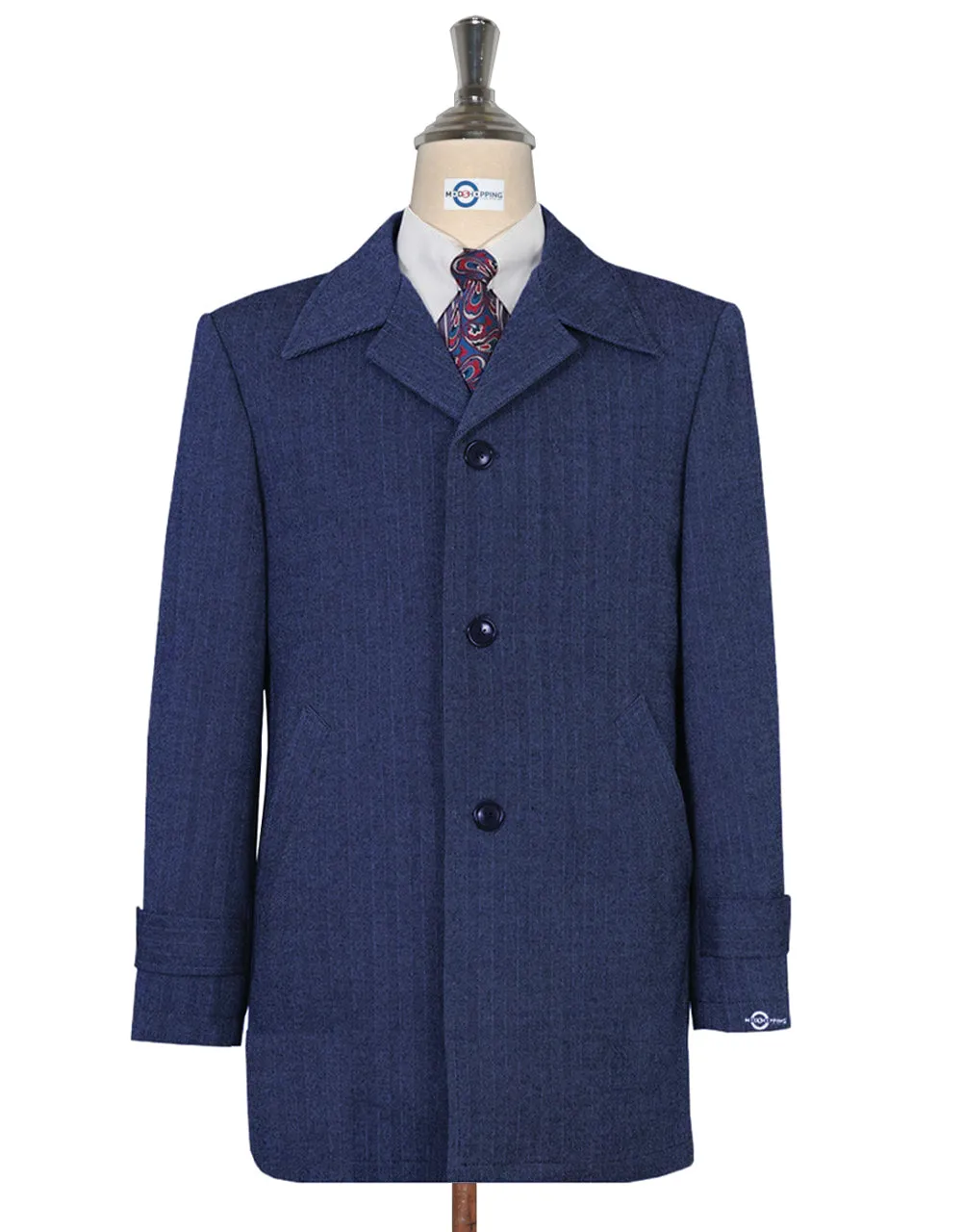 Original Vintage 60s Retro Blue Herringbone Tweed Short Coat