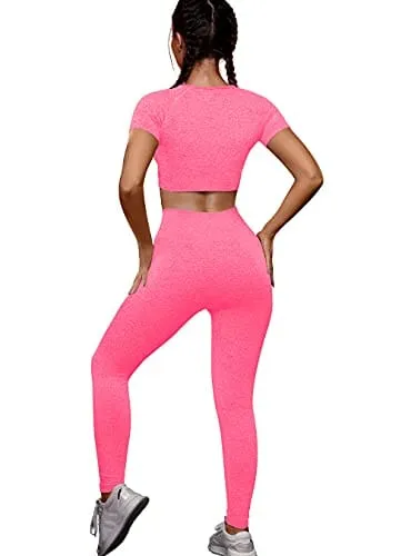 OYS Womens Yoga 2 Pieces Workout Outfits Seamless High Waist Leggings Sports Crop Top Running Sets Small, Rose