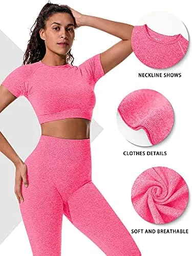 OYS Womens Yoga 2 Pieces Workout Outfits Seamless High Waist Leggings Sports Crop Top Running Sets Small, Rose