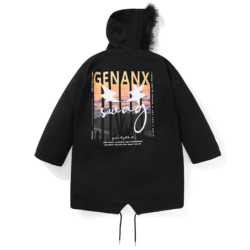 Plain Letter Print Fleece Hooded Padded Coat