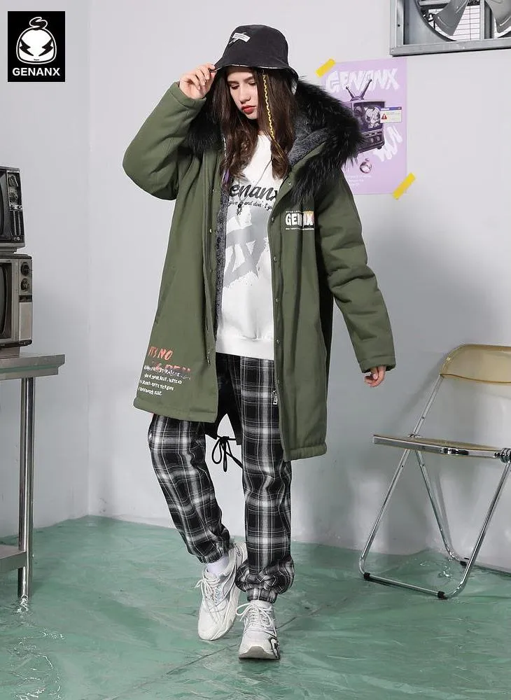 Plain Letter Print Fleece Hooded Padded Coat