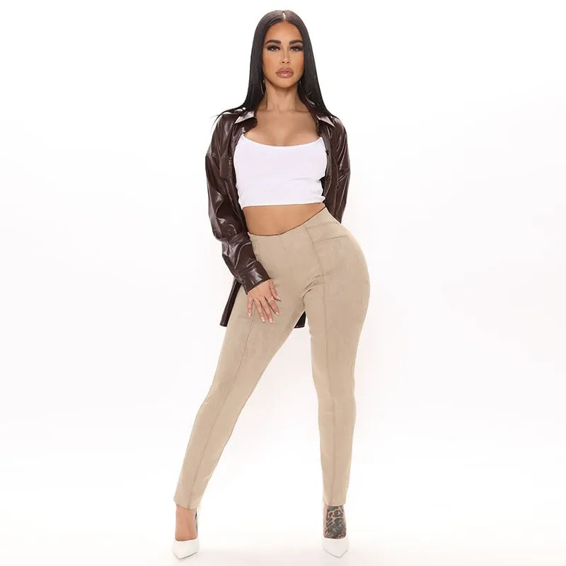 Plus Size Stretch High Waist  Faux Suede Leggings