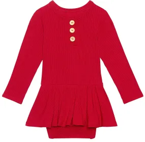 Posh Peanut Solid Ribbed Crimson L/S Henley Twirl Skirt Bodysuit