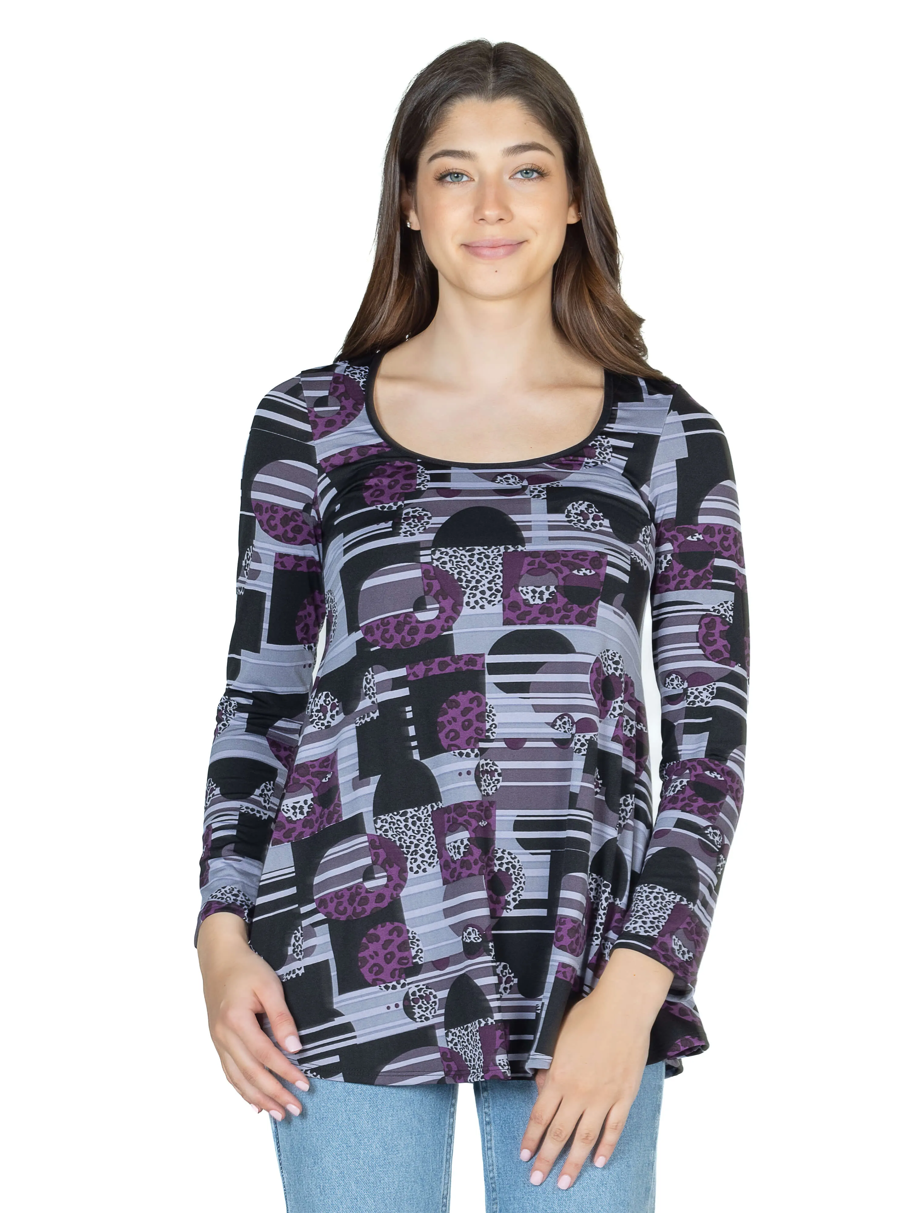 Purple Print Scoop Neck Long Sleeve Tunic Top