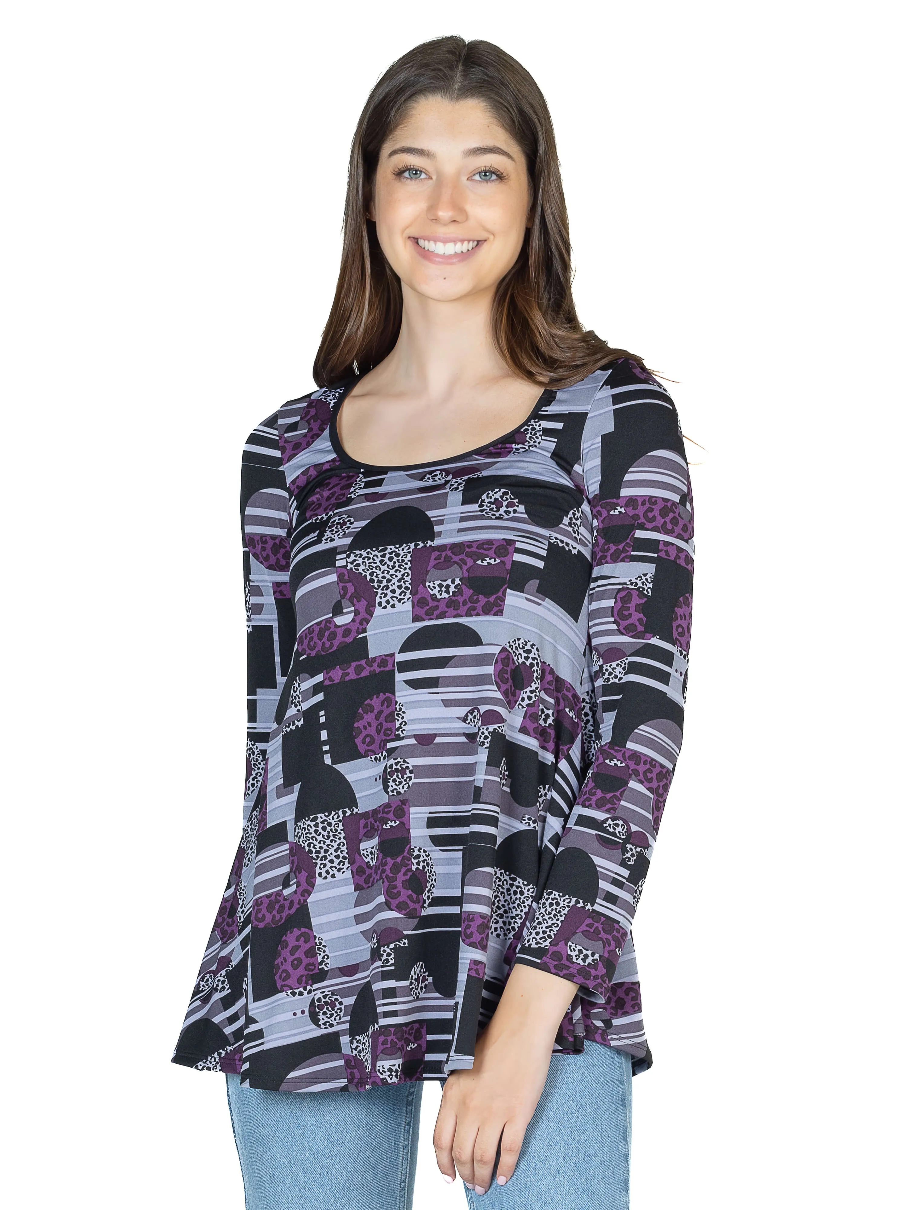 Purple Print Scoop Neck Long Sleeve Tunic Top