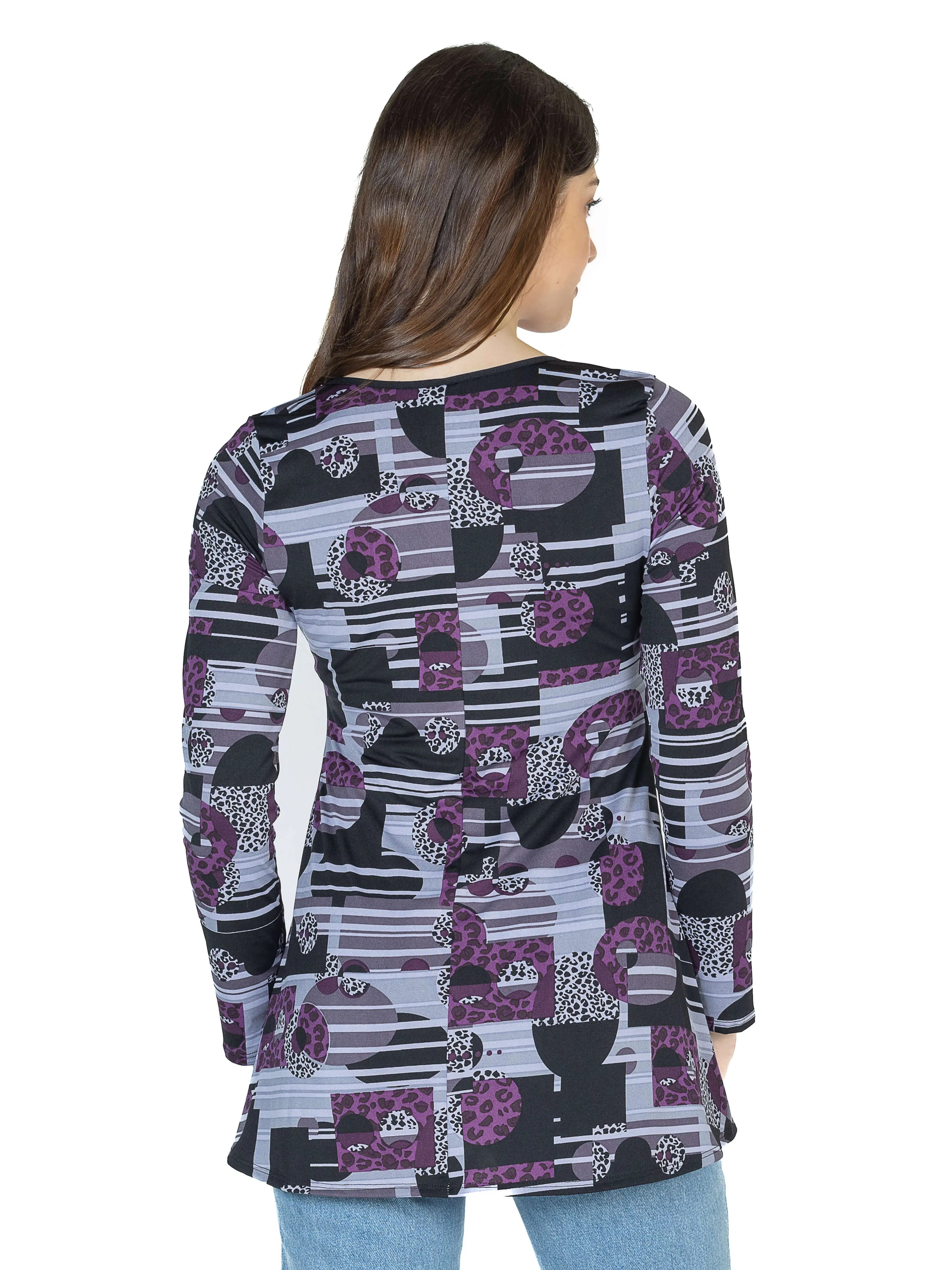 Purple Print Scoop Neck Long Sleeve Tunic Top