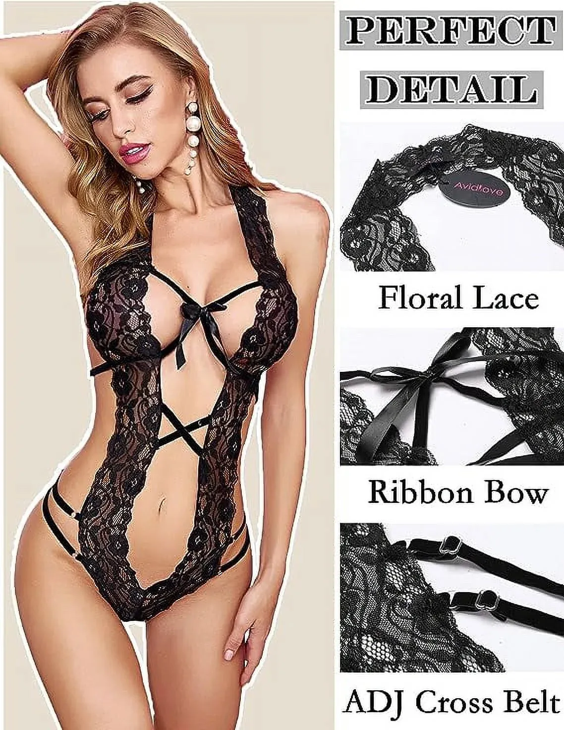 "Seductive Black Lace Deep V Bodysuit - Elegant Babydoll Teddy for Women"