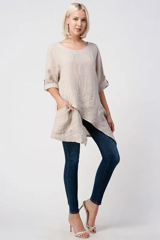 Raw Moda Asymmetric Single Pocket Linen Tunic