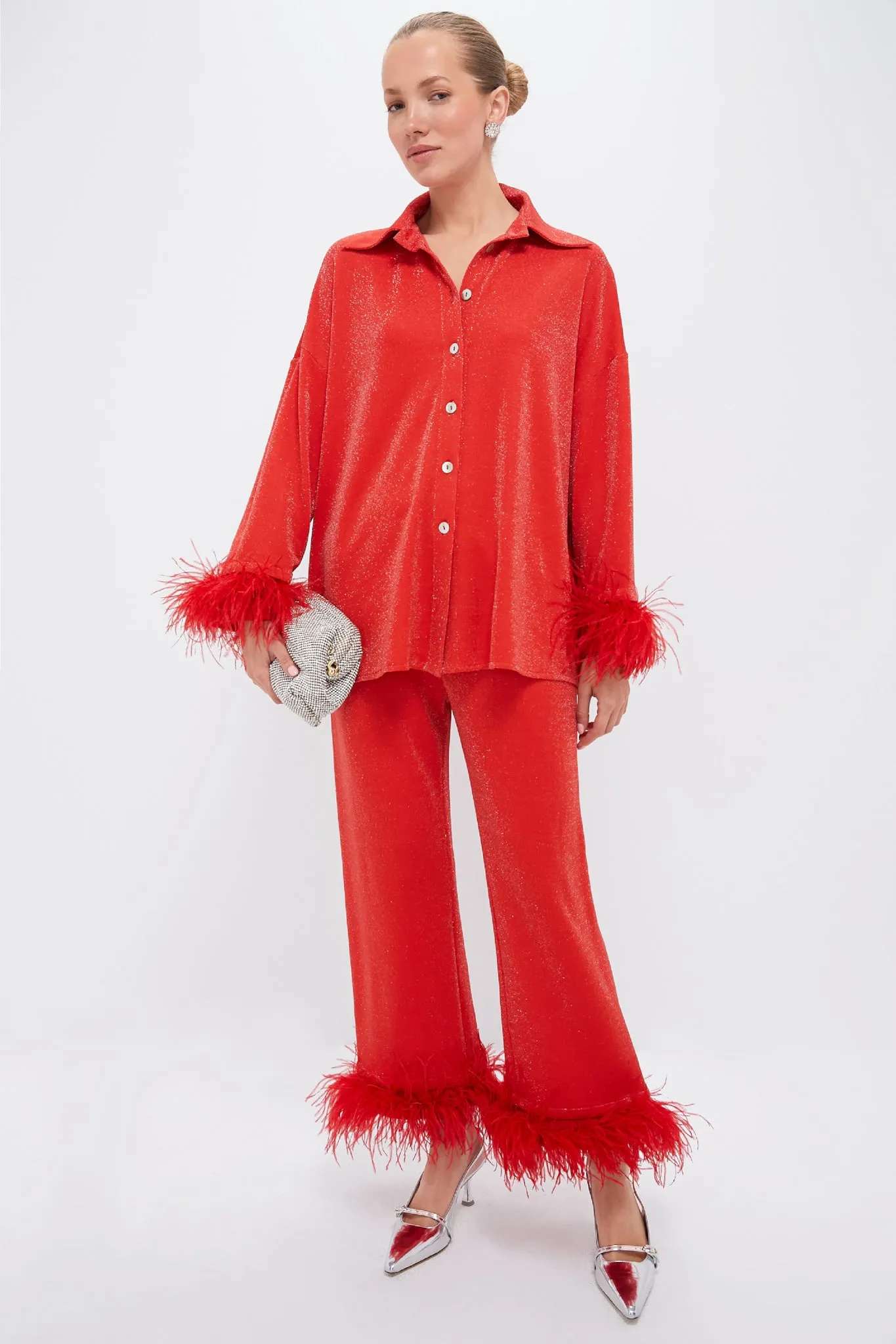 Red Cosmos Oversized Metallic Pajama Set