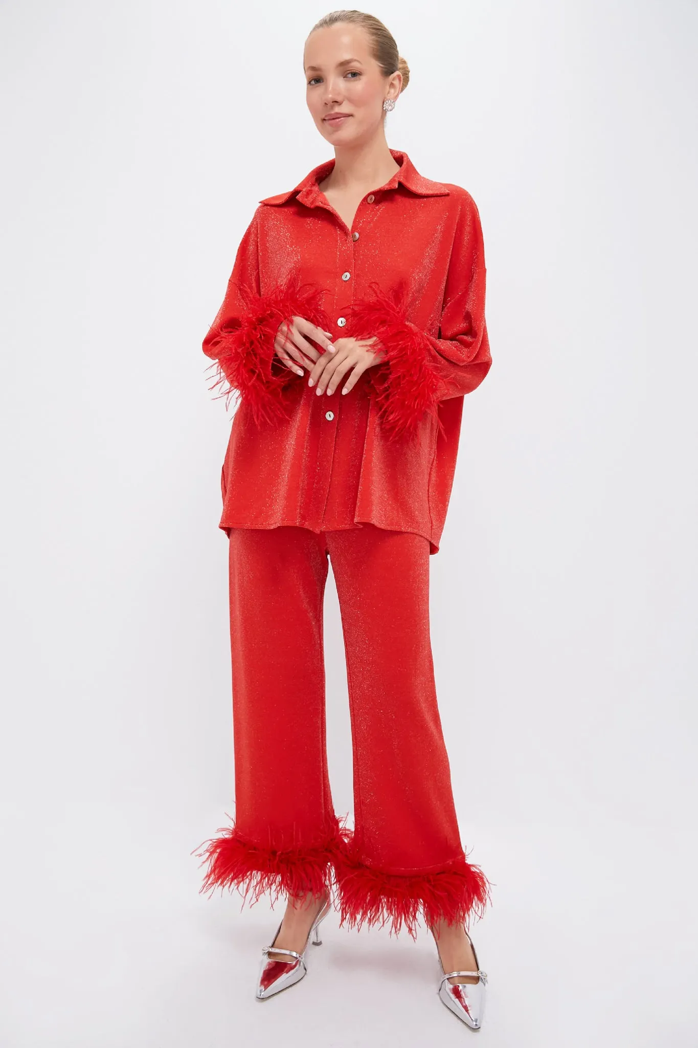 Red Cosmos Oversized Metallic Pajama Set