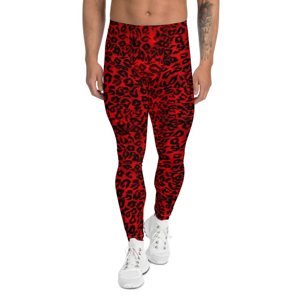 Red Leopard Print Men's Leggings, Bright Colorful Animal Print Compression Tights For Men