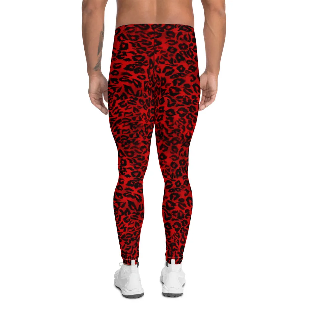 Red Leopard Print Men's Leggings, Bright Colorful Animal Print Compression Tights For Men