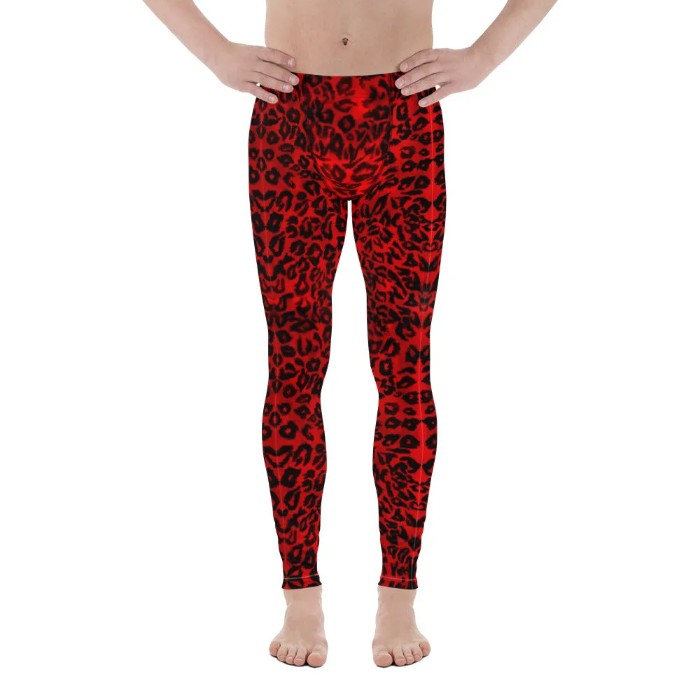 Red Leopard Print Men's Leggings, Bright Colorful Animal Print Compression Tights For Men