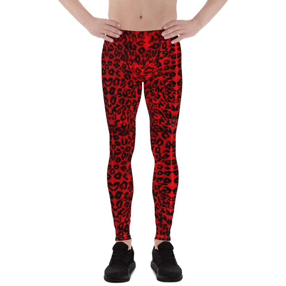 Red Leopard Print Men's Leggings, Bright Colorful Animal Print Compression Tights For Men