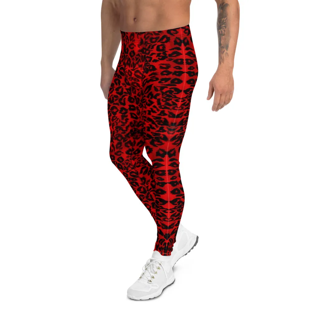 Red Leopard Print Men's Leggings, Bright Colorful Animal Print Compression Tights For Men