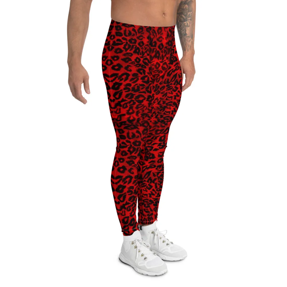 Red Leopard Print Men's Leggings, Bright Colorful Animal Print Compression Tights For Men