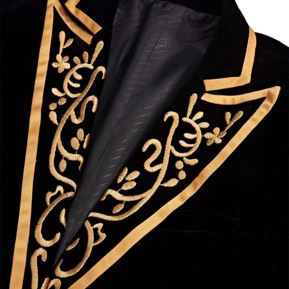 Royal Court Prince Black Velvet Gold Embroidery Men Wedding Blazer