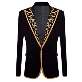 Royal Court Prince Black Velvet Gold Embroidery Men Wedding Blazer