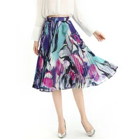 S076-2 Women floral print chiffon pleated casual midi skirt