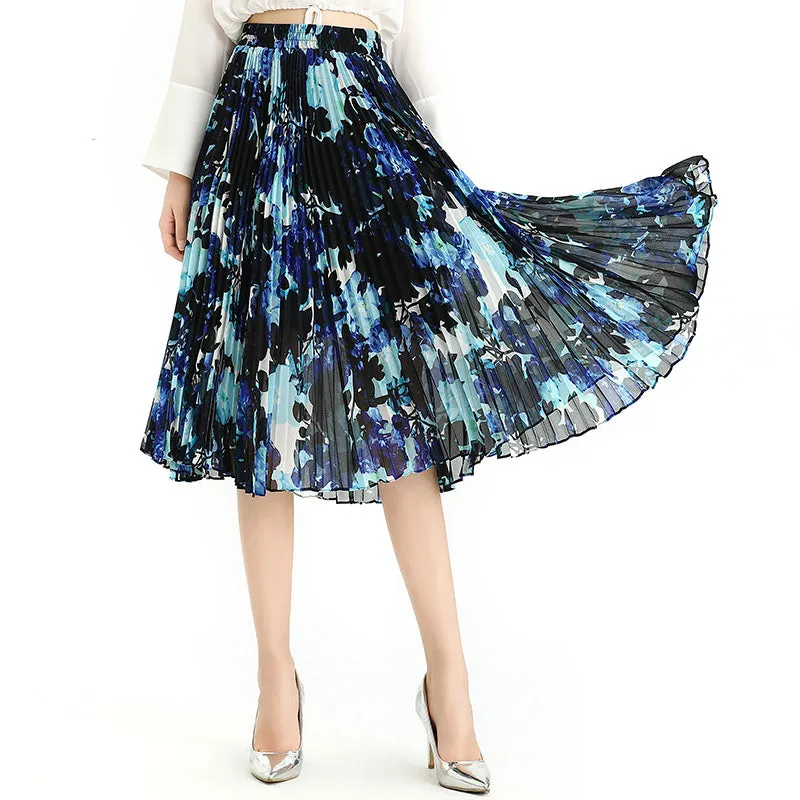 S076-2 Women floral print chiffon pleated casual midi skirt