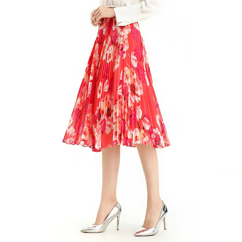 S076-2 Women floral print chiffon pleated casual midi skirt