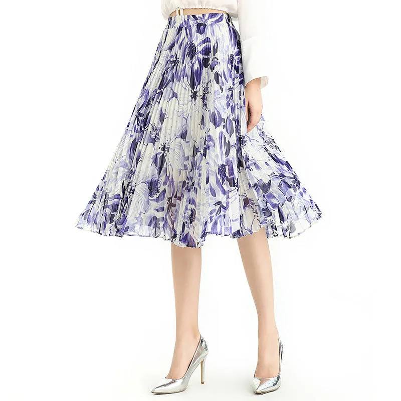 S076-2 Women floral print chiffon pleated casual midi skirt