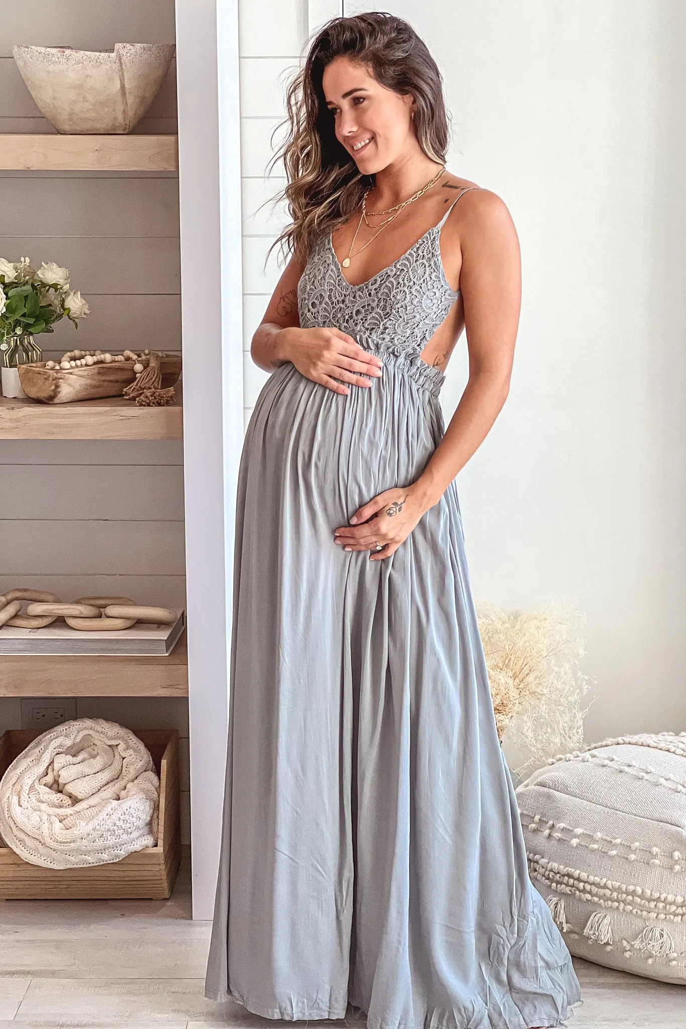 Sage Crochet Top Maternity Maxi Dress with Frayed Hem