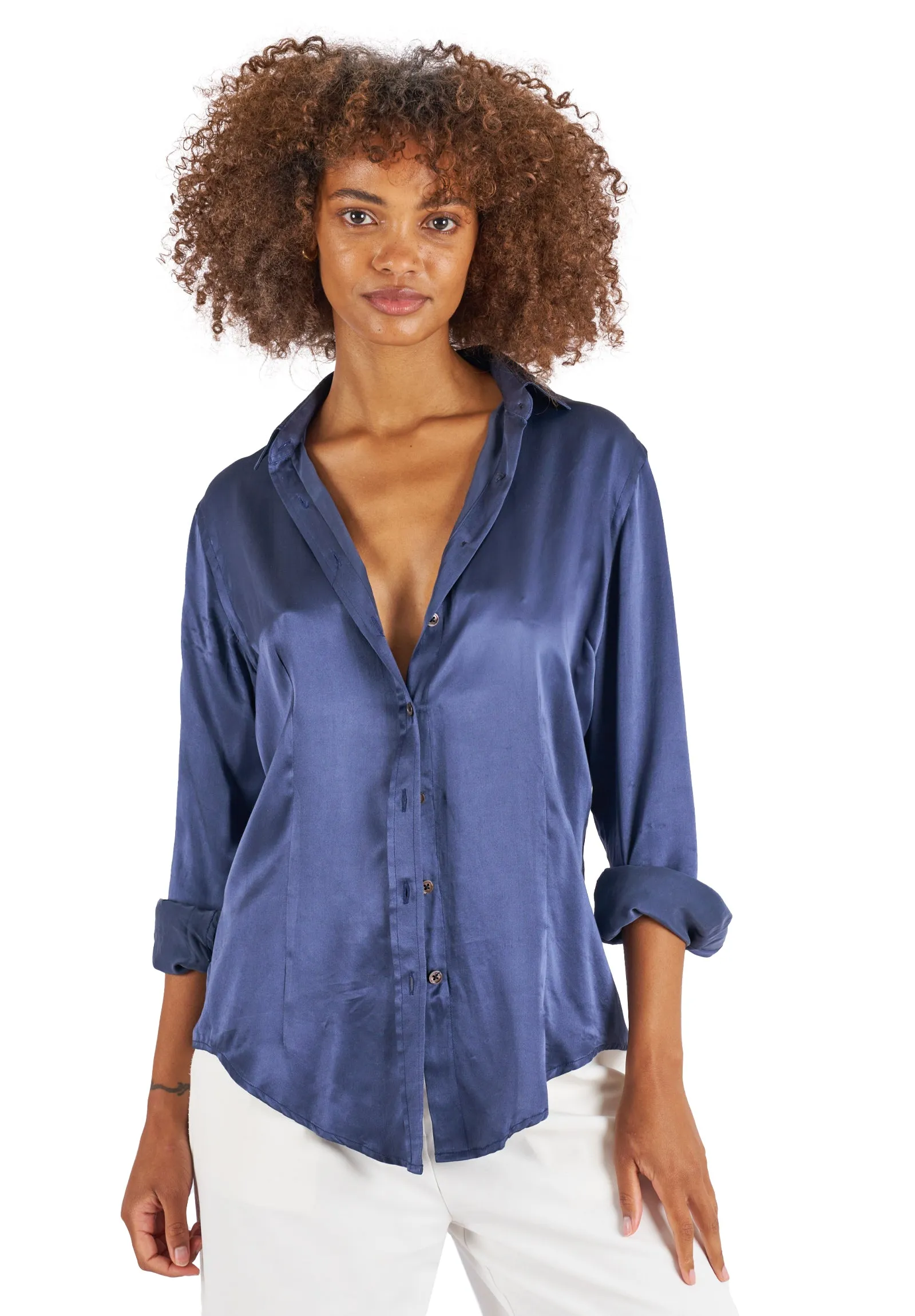 Satin-Silk Avio Blue Classic Charmeuse Silk Shirt