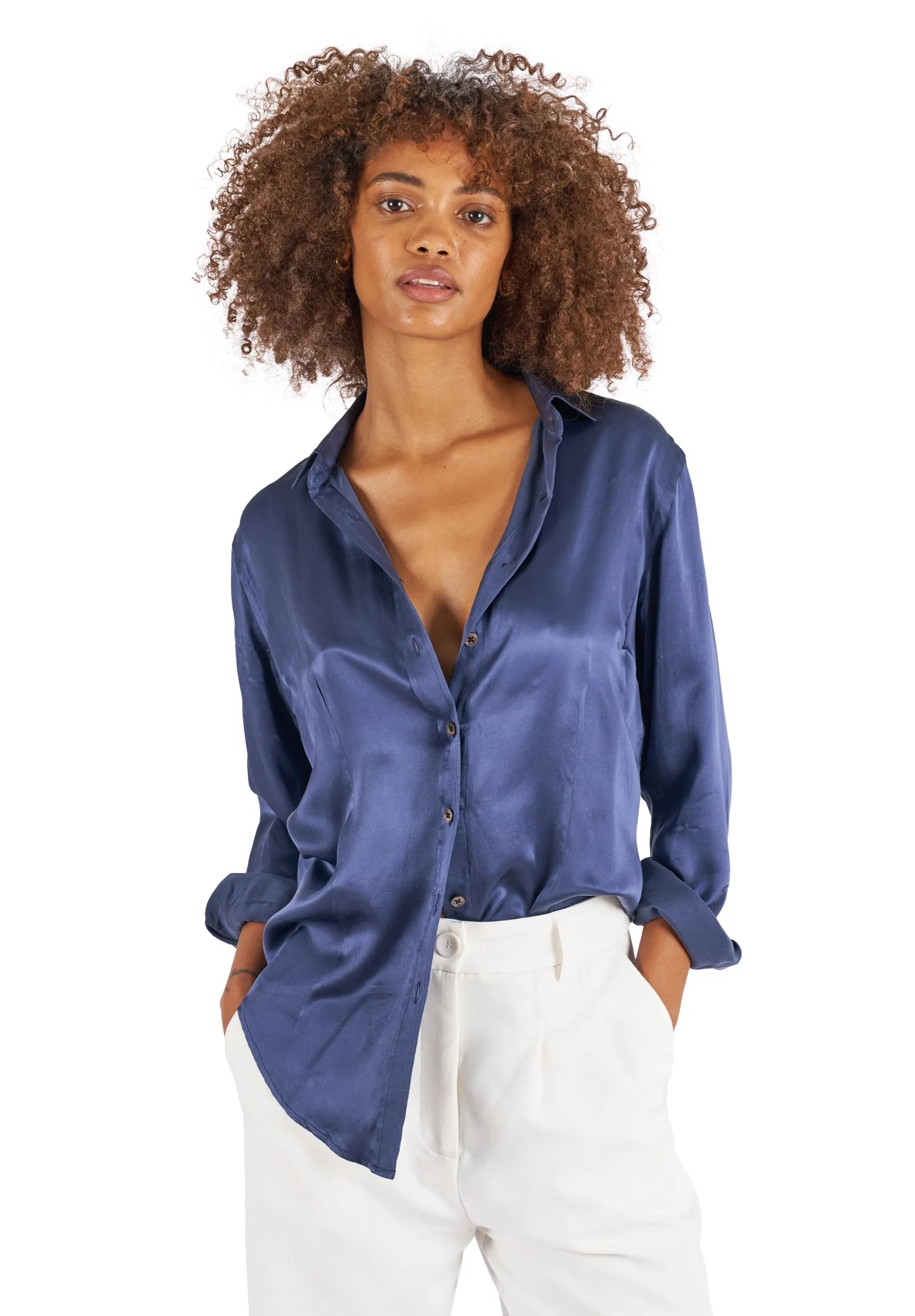 Satin-Silk Avio Blue Classic Charmeuse Silk Shirt