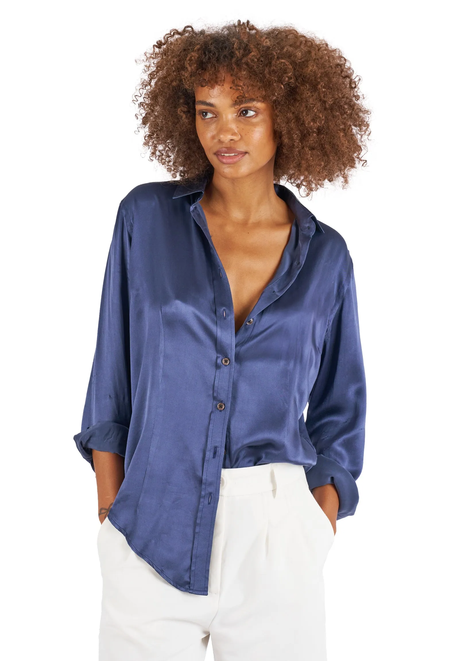 Satin-Silk Avio Blue Classic Charmeuse Silk Shirt