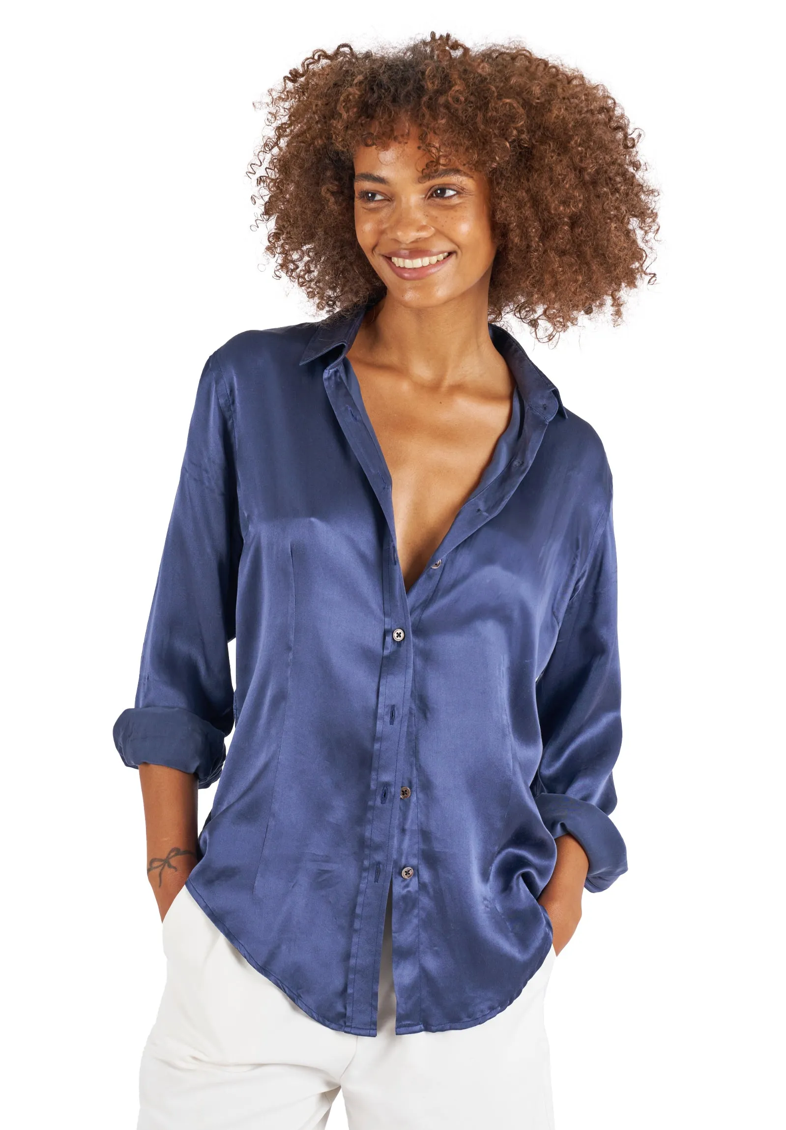 Satin-Silk Avio Blue Classic Charmeuse Silk Shirt