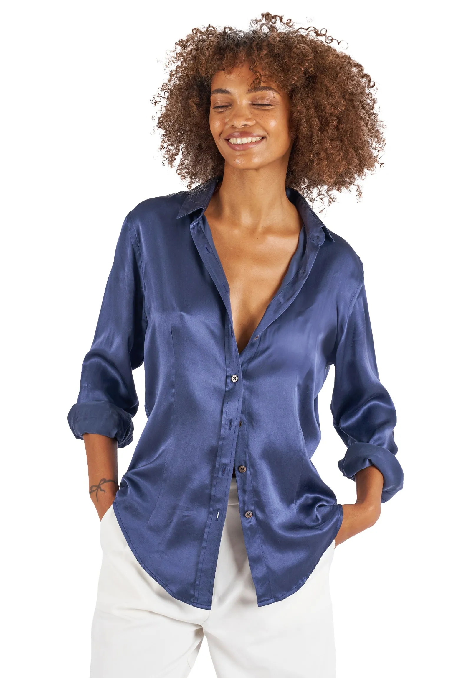 Satin-Silk Avio Blue Classic Charmeuse Silk Shirt