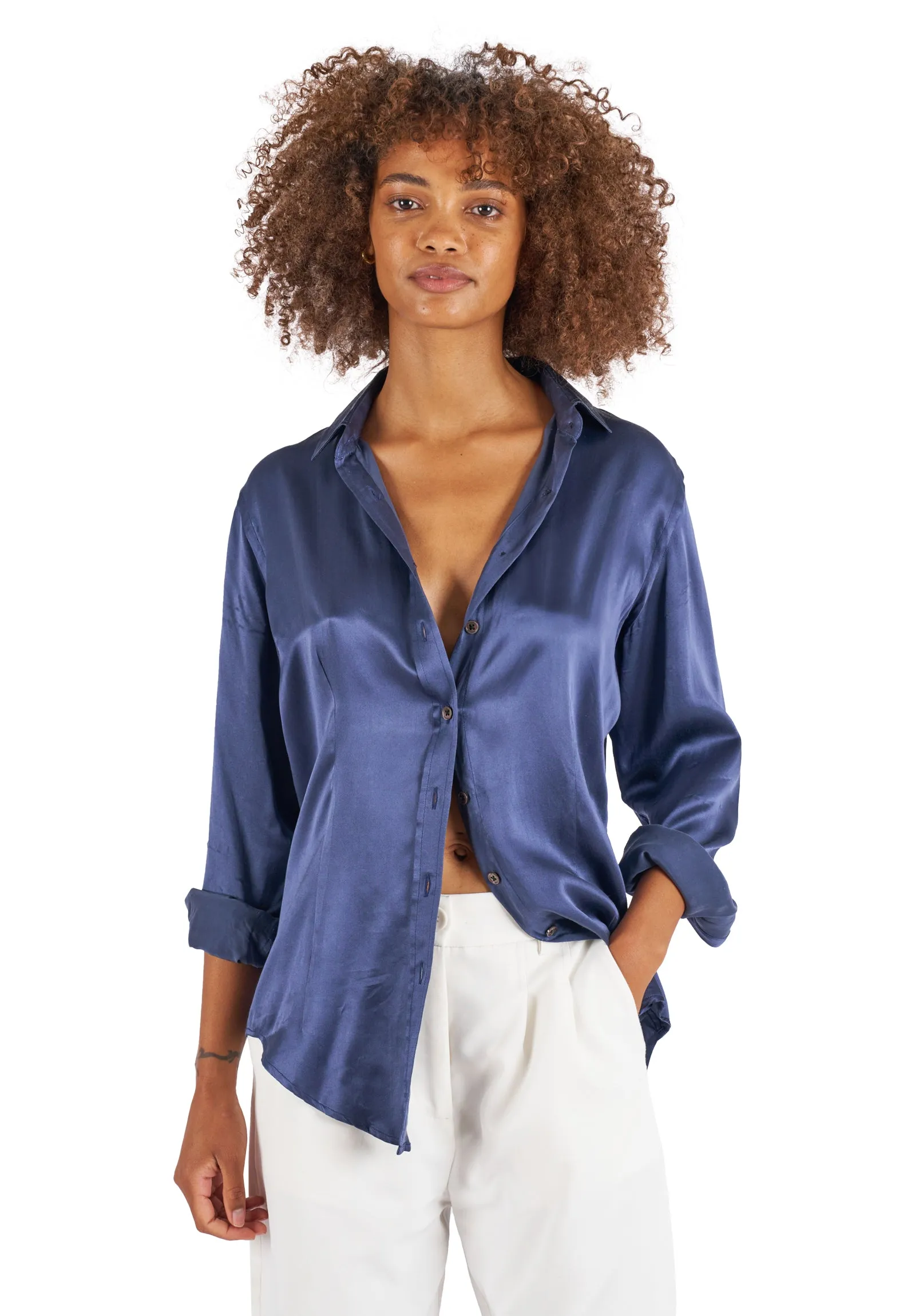 Satin-Silk Avio Blue Classic Charmeuse Silk Shirt