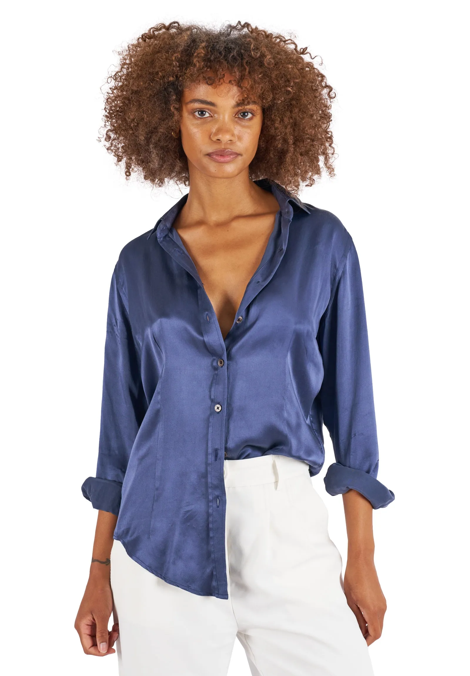 Satin-Silk Avio Blue Classic Charmeuse Silk Shirt