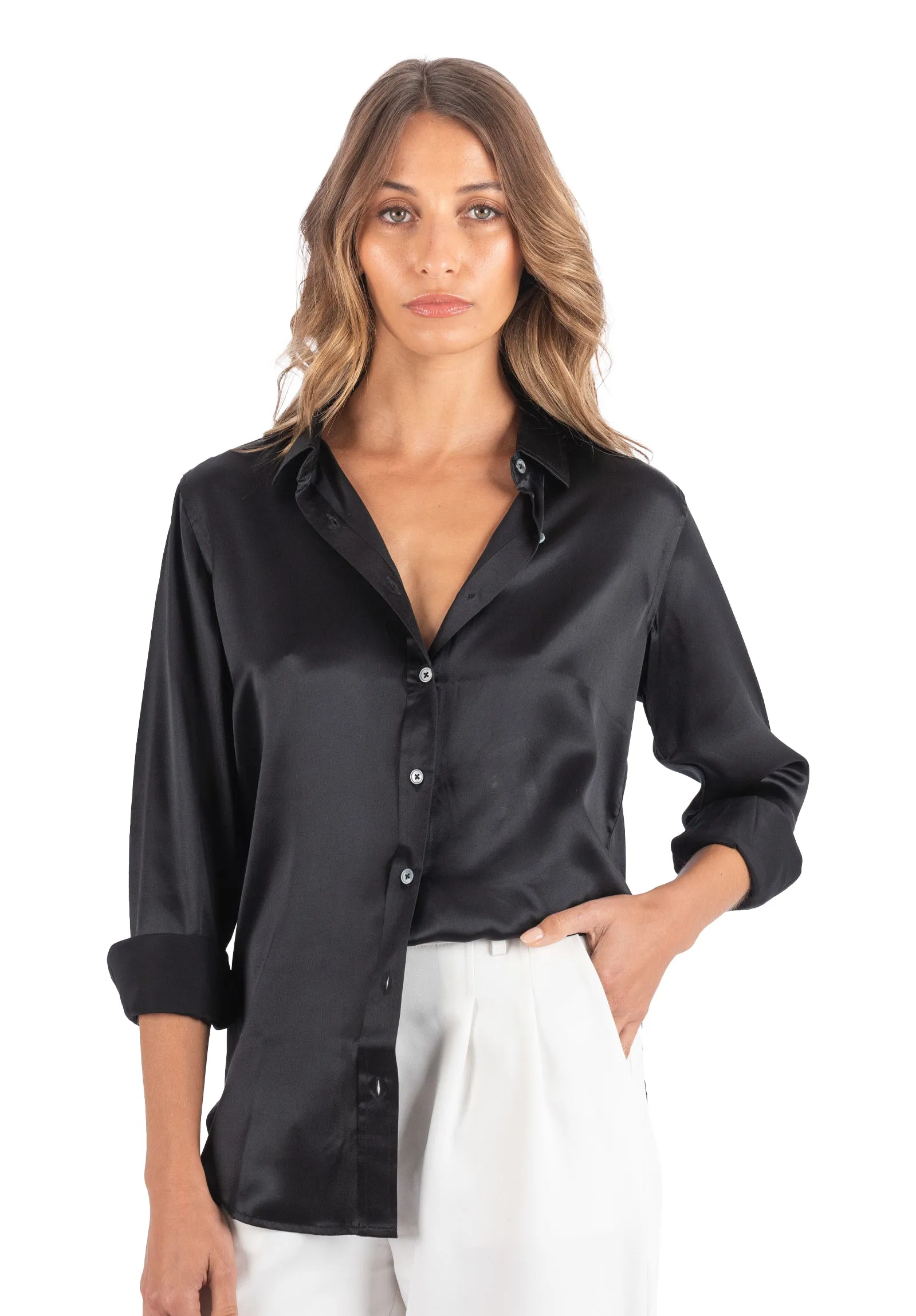 Satin-Silk Black Classic Charmeuse Silk Shirt