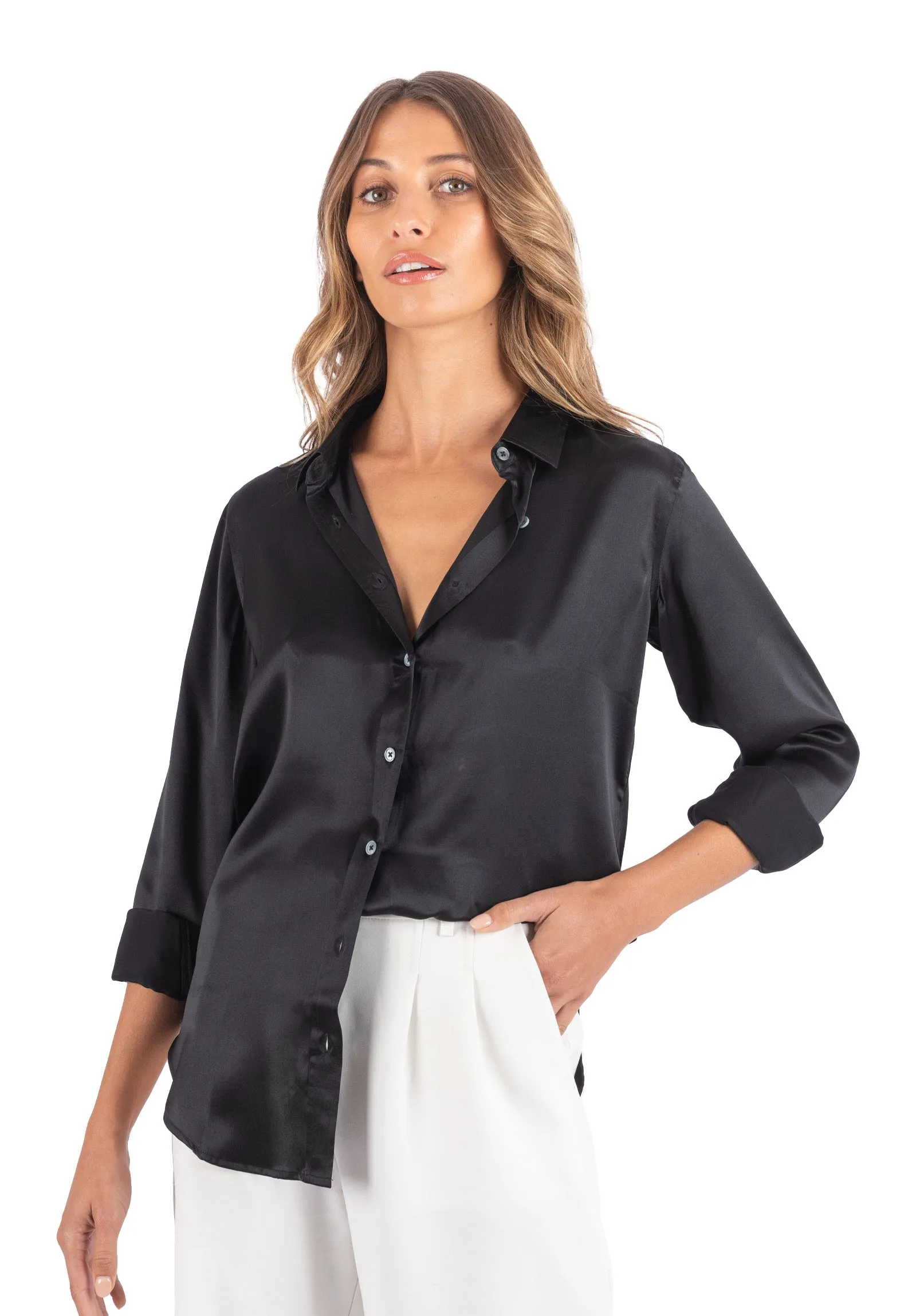 Satin-Silk Black Classic Charmeuse Silk Shirt