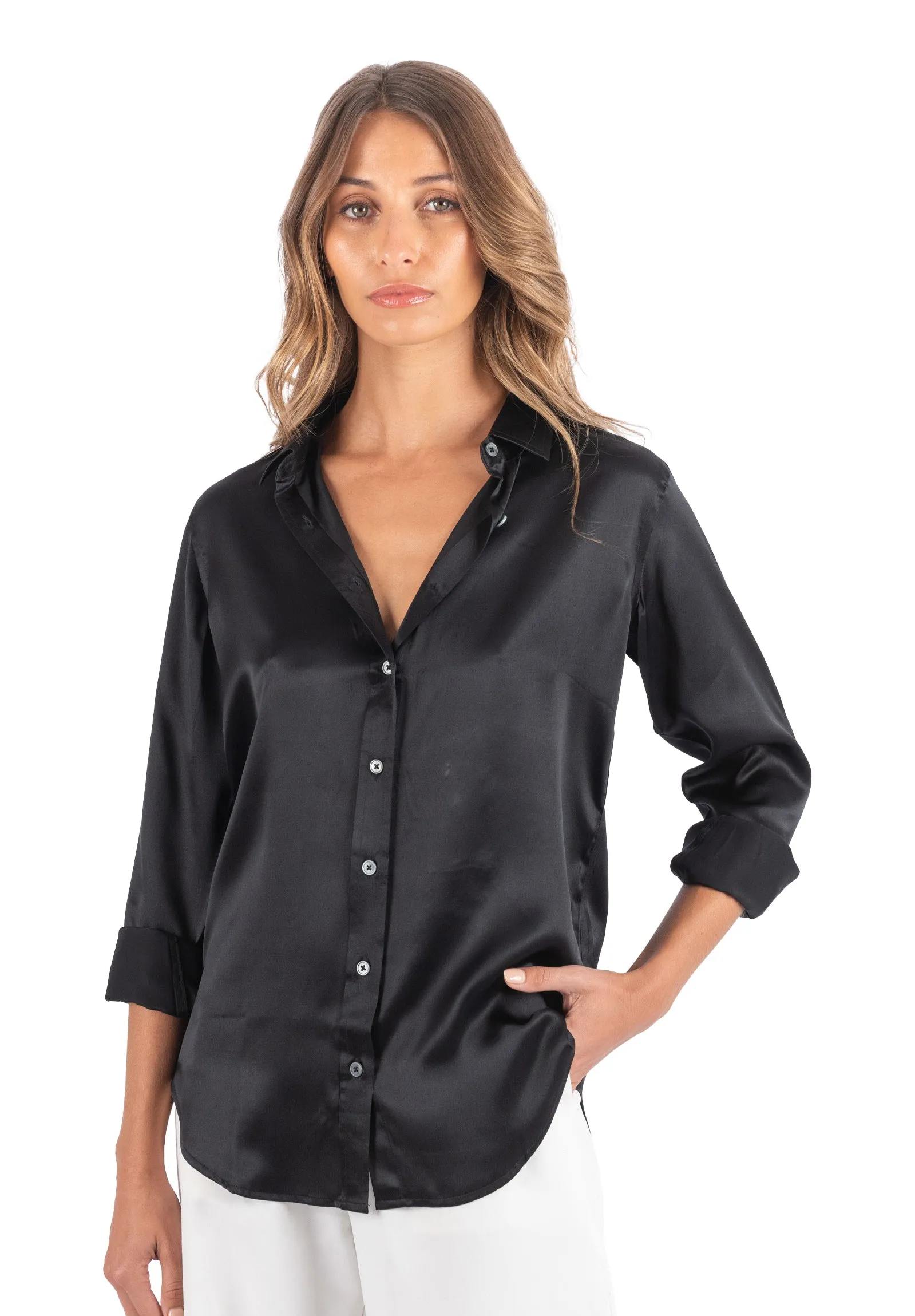 Satin-Silk Black Classic Charmeuse Silk Shirt