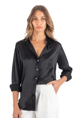 Satin-Silk Black Classic Charmeuse Silk Shirt