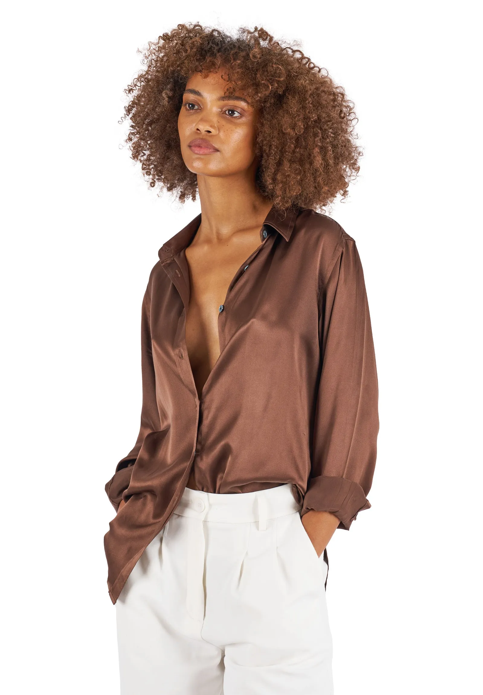 Satin-Silk Coffee Classic Charmeuse Silk Shirt