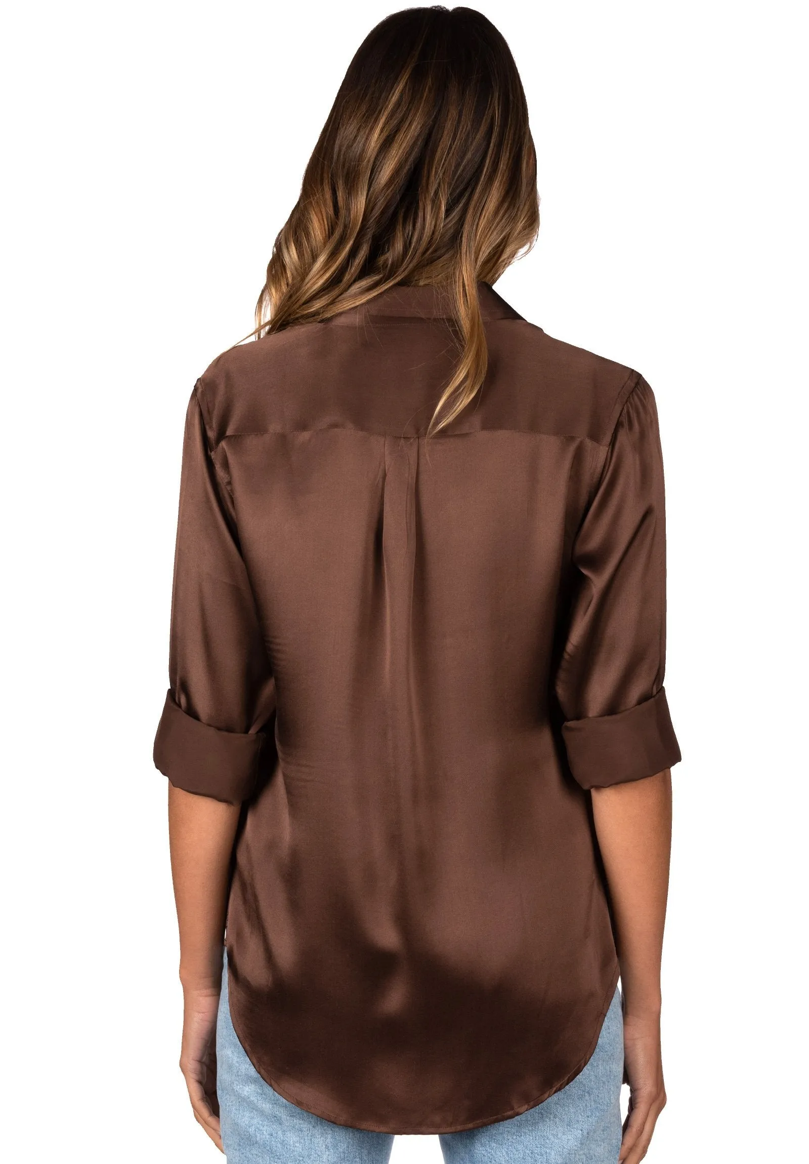 Satin-Silk Coffee Classic Charmeuse Silk Shirt