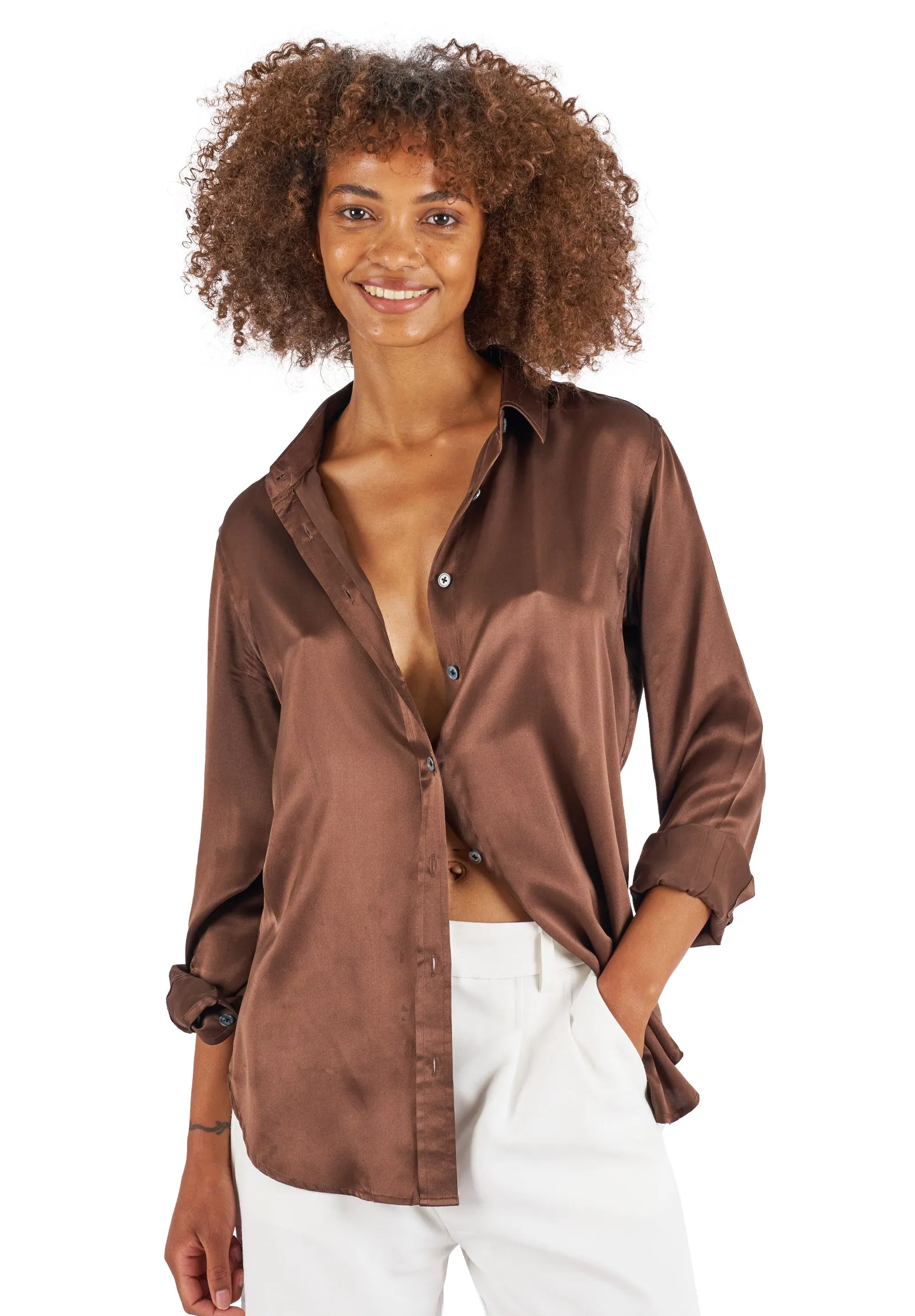 Satin-Silk Coffee Classic Charmeuse Silk Shirt