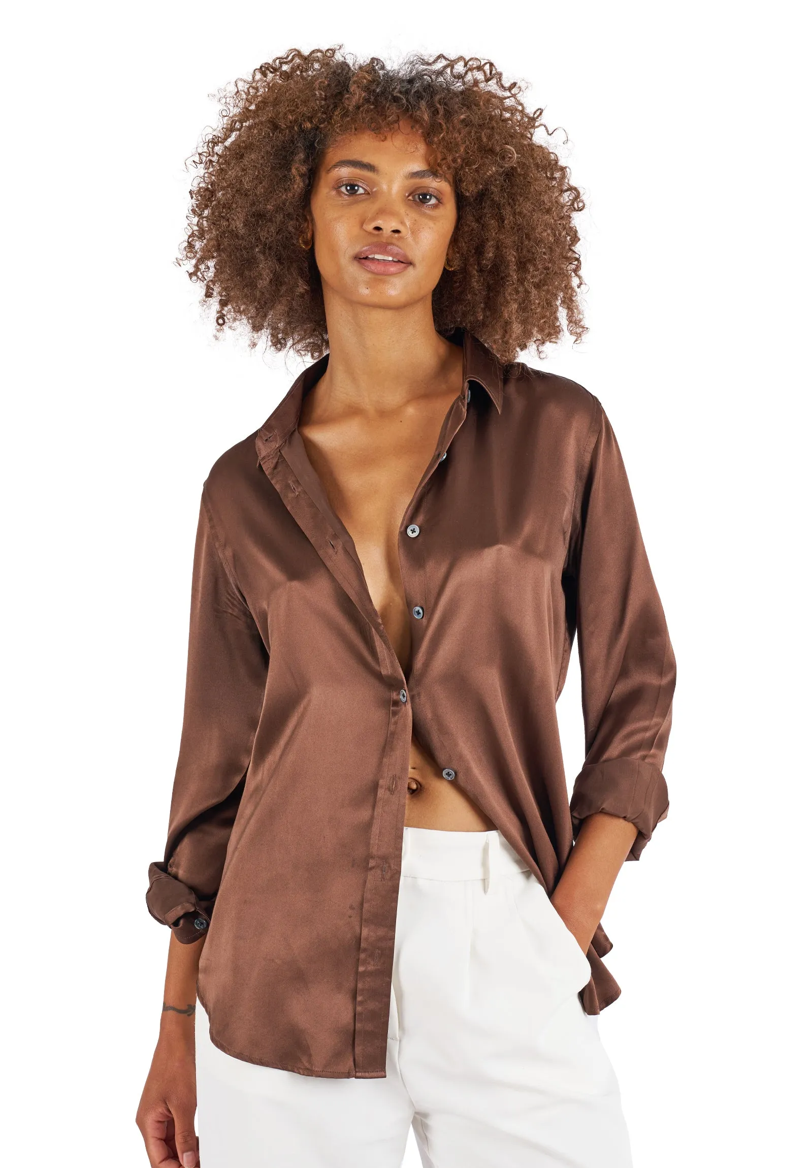 Satin-Silk Coffee Classic Charmeuse Silk Shirt