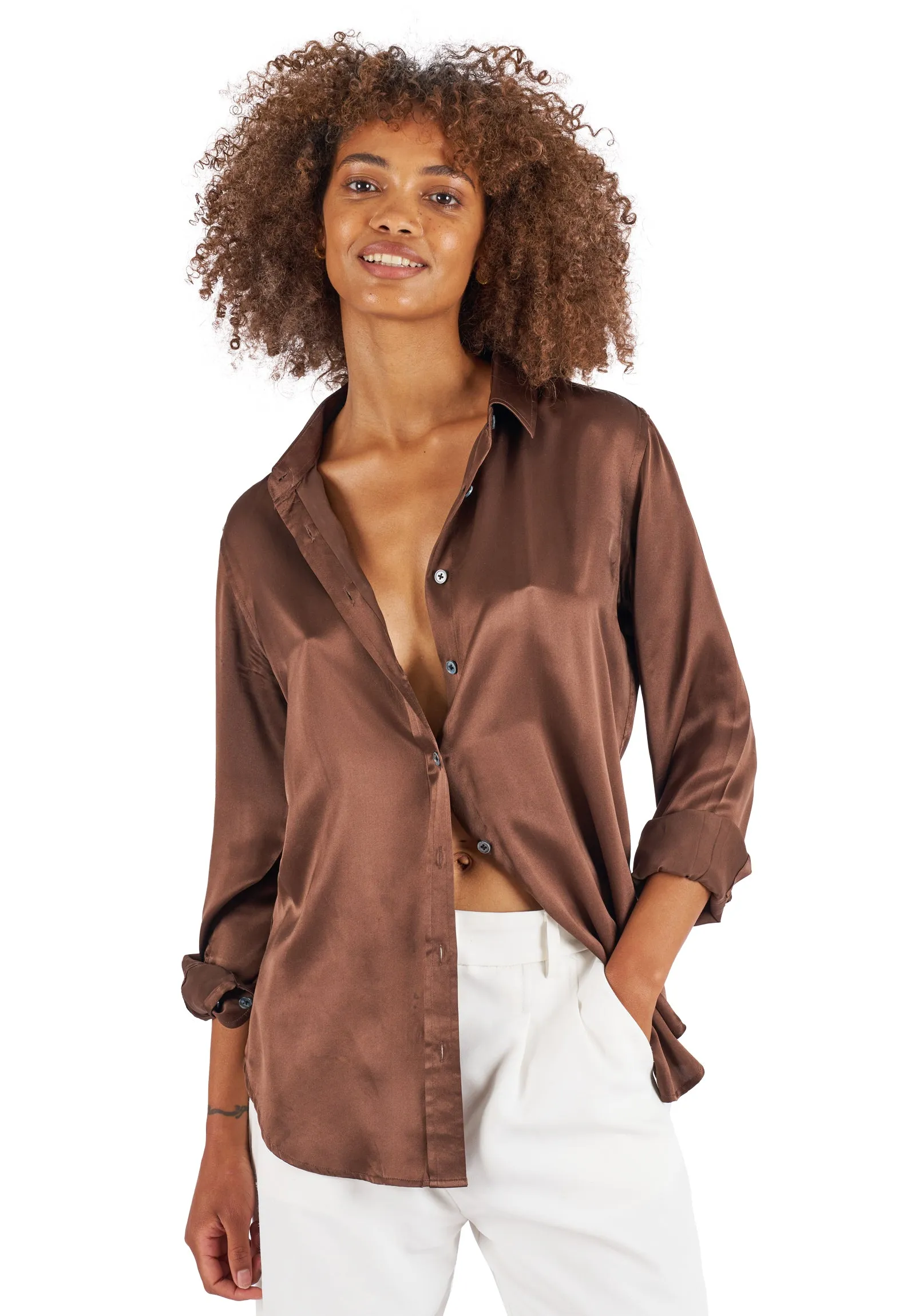 Satin-Silk Coffee Classic Charmeuse Silk Shirt