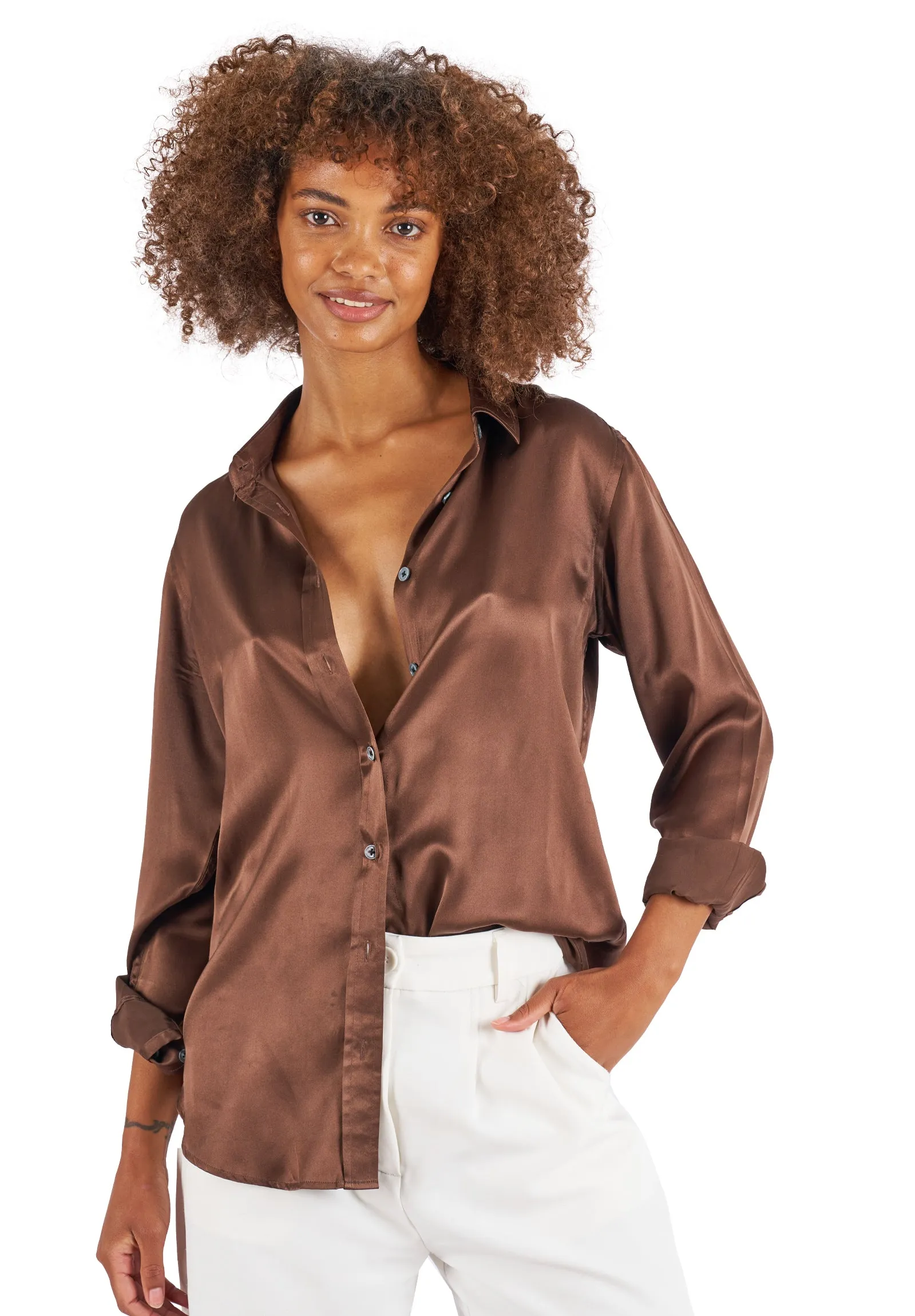 Satin-Silk Coffee Classic Charmeuse Silk Shirt