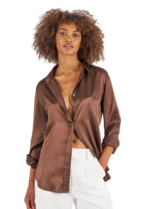 Satin-Silk Coffee Classic Fit Charmeuse Silk Shirt