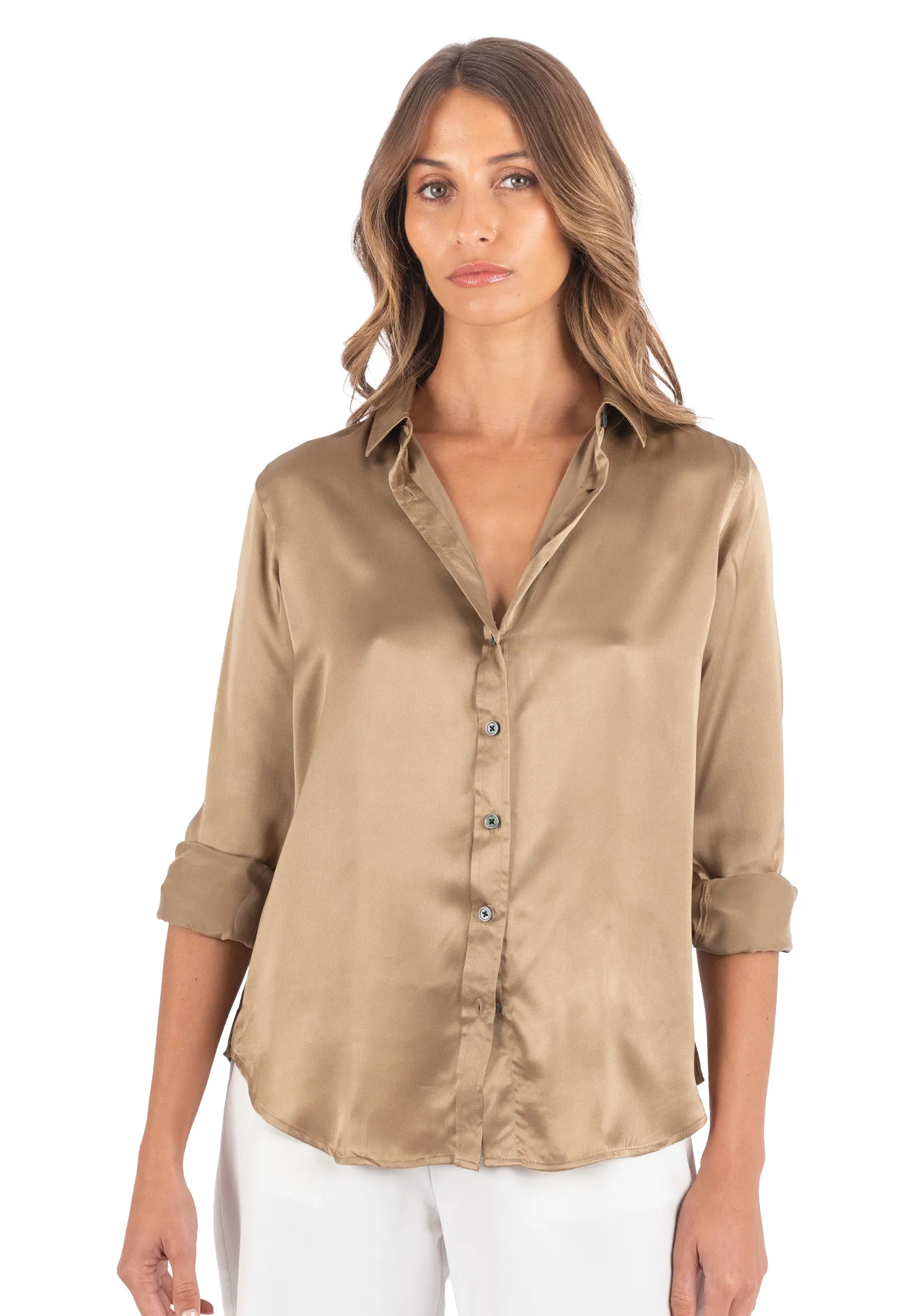 Satin-Silk Dark Gold Classic Charmeuse Silk Shirt