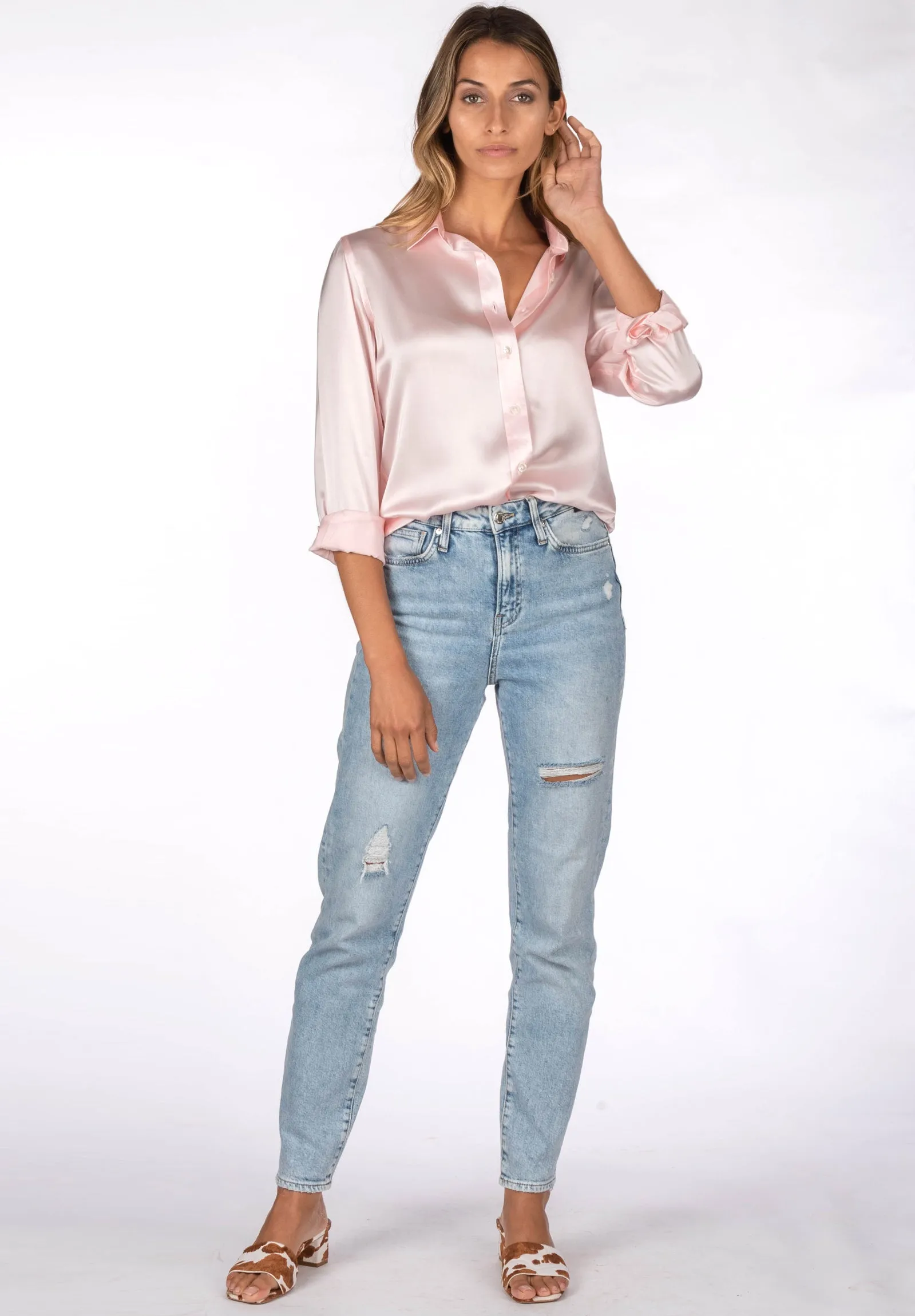 Satin-Silk Pale Pink Classic Charmeuse Silk Shirt