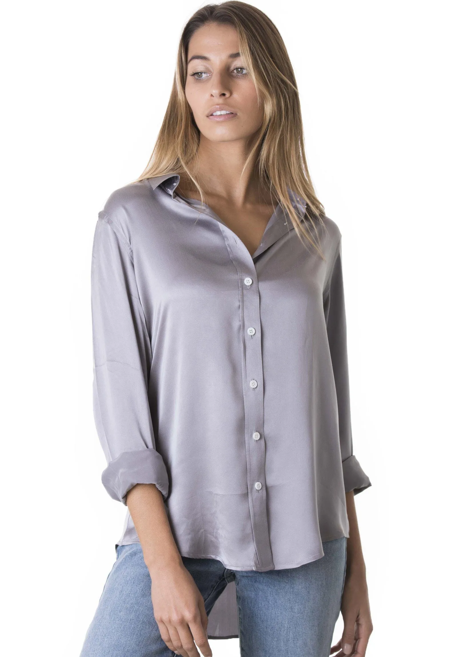 Satin-Silk Pearl Grey Classic Charmeuse Silk Shirt