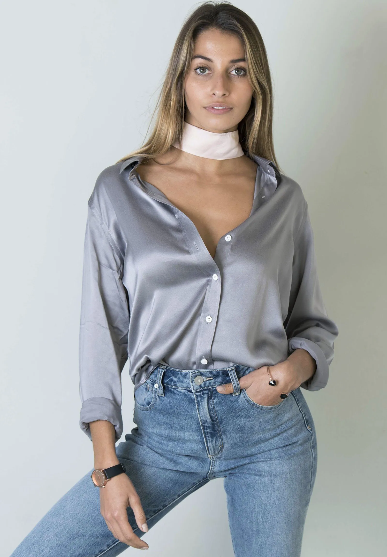 Satin-Silk Pearl Grey Classic Charmeuse Silk Shirt